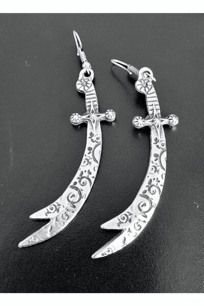 Antique Dolunay Antik Gümüş Kaplama El Yapımı Işlemeli Desenli Hz. Ali Kılıcı Zülfikar Kılıç Şekilli Küpe