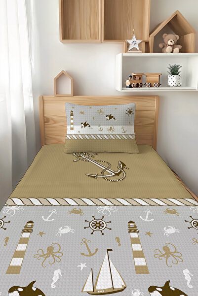 Talia Home طقم بيكيه بني مفرد للأطفال - نمط مرساة TLAP-015