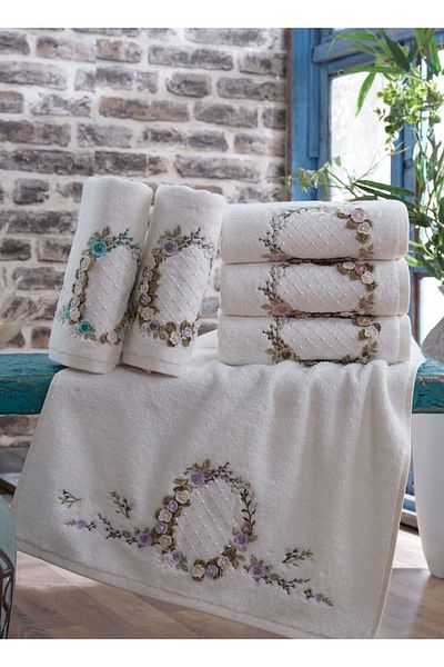 Fiesta Home Πετσέτα μπαμπού Fiesta 30X50 - Κρέμα Liza Handcrafted, 3D Embroidery (6 Τεμάχια)