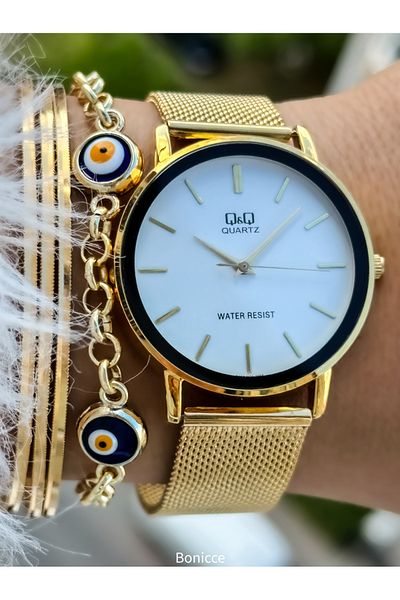 Q&Q Yellow Color Waterproof Mesh Women's Wristwatches - Steel Cord Bracelet