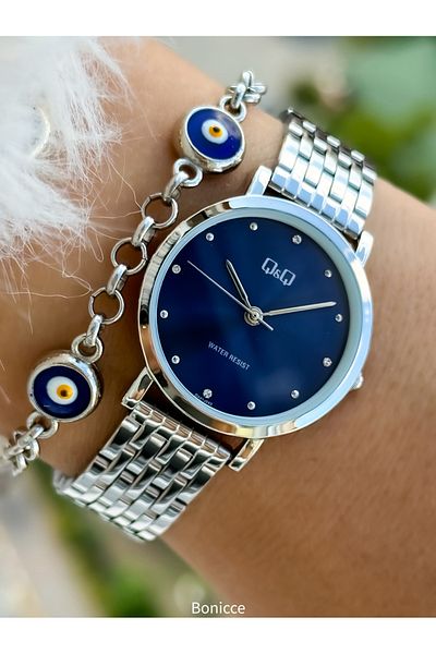 Q&Q Silver Color Waterproof Women's Wristwatches - Steel Cord Bracelet