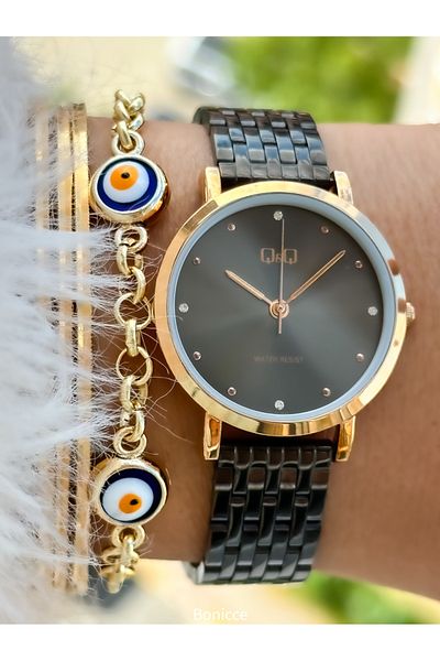 Q&Q Black Brand Waterproof Steel Cord Women's Wristwatches Bracelet