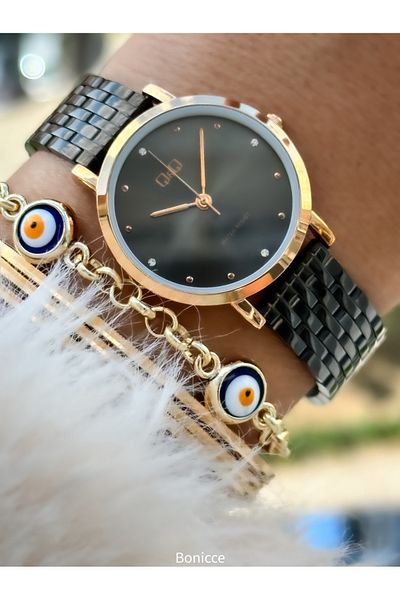 Q&Q Black Brand Waterproof Steel Cord Women's Wristwatches Bracelet