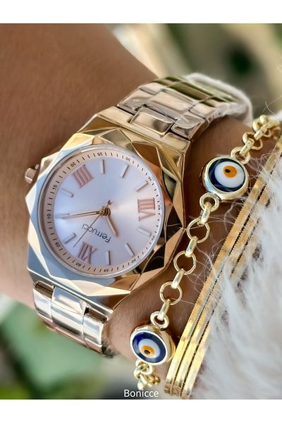 Ferrucci Rose Colored Steel Cord Women's Wristwatch and Bracelet Set