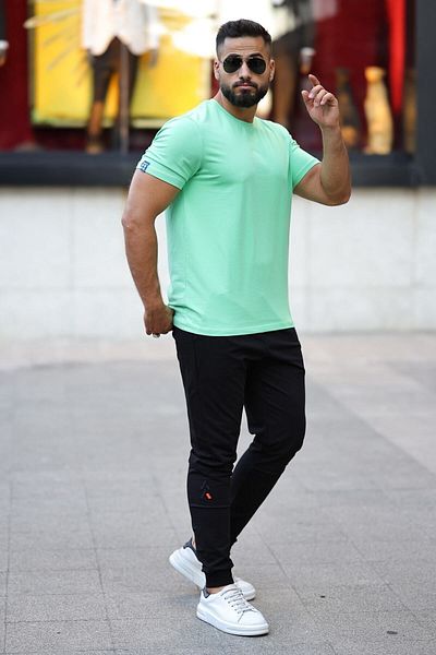 TOMMY LIFE Men's Short Sleeve Standard Pattern 0 Collar Basic T-Shirt 87911 Water Green