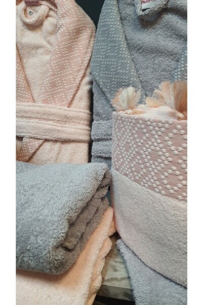 Nurpak Safir Family Bathrobe Set Cotton Gray Powder 8 Pieces