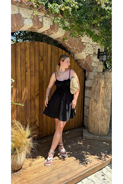 FİOXCO Μαύρο βολάν Βαμβακερό λινό φόρεμα - γραβάτα μπροστά με φόδρα