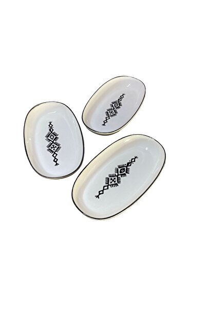 MTD SERAMİK 27 Cm Ethnic Patterned Deep Boat Plate - 3 Pieces