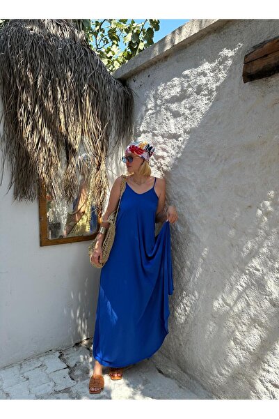 FİOXCO فستان بوهيمي ساكس أزرق كاجوال - حزام حبل قابل للتعديل ونسيج Aerobin