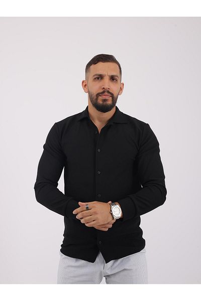 LUPERCUS Черна мъжка риза Slim Fit - жакард, памук, полиестер, дълъг ръкав