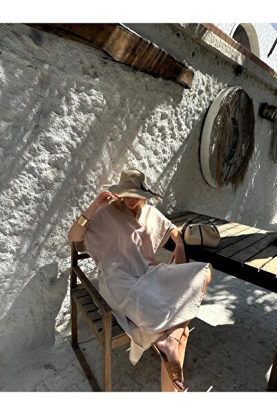 FİOXCO Μπεζ γιακά πόλο και άνοιγμα χαλαρά λινό φορέματα μποέμ για γυναίκες