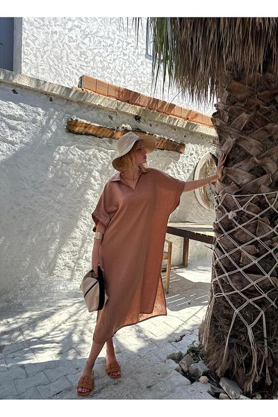FİOXCO Tan Raw Linen Women's Dress with Polo Collar and Side Slits