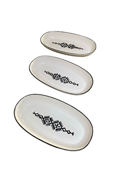 MTD SERAMİK 27 Cm Ethnic Patterned Deep Boat Plate - 3 Pieces
