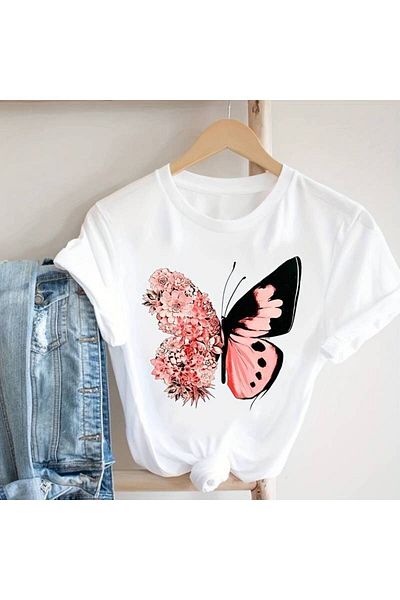 Pink Sky تي شيرتات كبيرة الحجم على شكل فراشة لطيفة على شكل زهرة