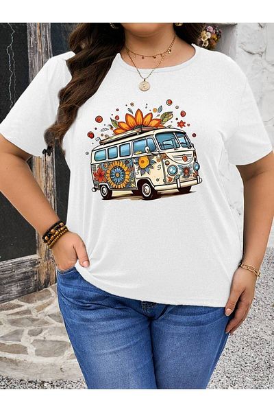Pink Sky Plus Size Comfortable Flower and Bus Pattern Short Sleeve