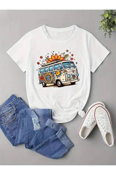 Pink Sky Plus Size Comfortable Flower and Bus Pattern Short Sleeve