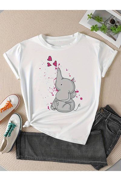 Pink Sky Tricou pentru femei cu imprimeu elefant dragut de marime mare