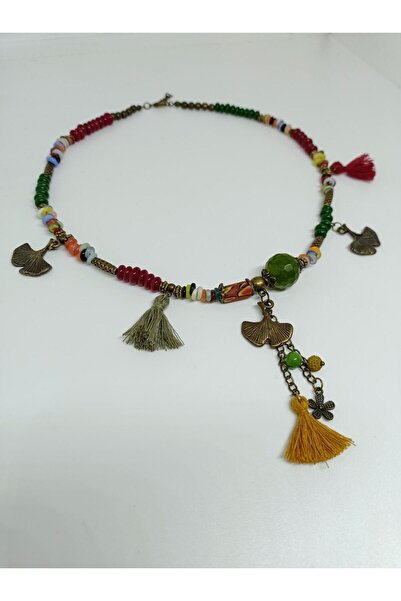 mama india alaçatı قلادة قصيرة بوهيمية أصلية بتصميم عرقي مع شرابات رقم:3