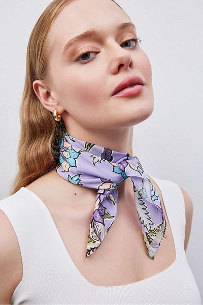 THE MOON LilacVeganSilk Scarf - Turquoise Flower Patterned Chrysanthemum