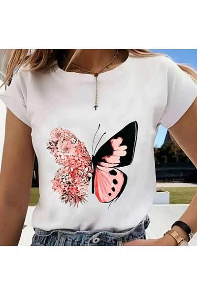 Pink Sky تي شيرتات كبيرة الحجم على شكل فراشة لطيفة على شكل زهرة