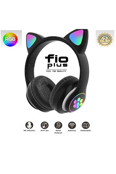FİOPLUS Kablosuz Bluetooth 5.0 Led Işıklı Kedili Kulaklık Hediye ios Android ...