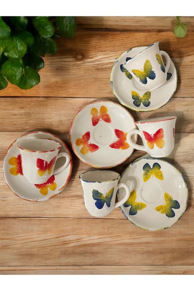 Artistic Quality Yellow-red-navy Blue Butterfly Patterned Coffee Cup Set for ...