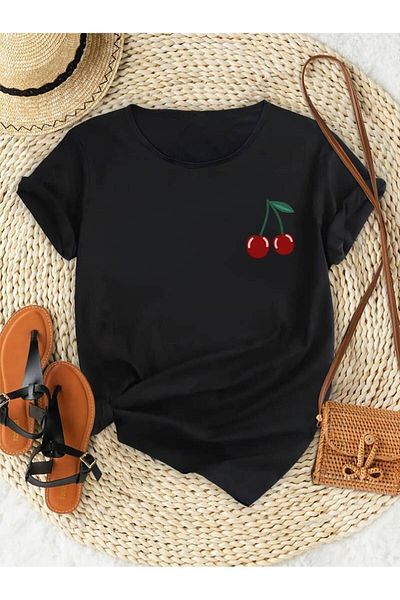 Pink Sky Relaxed Fit Large Size Women's Cherry T-Shirt