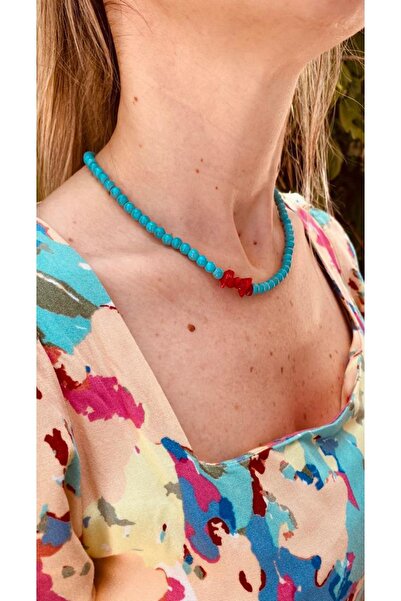 elamindunyasi Turkuaz Doğal Taş Ve Mercan Taş Kolye