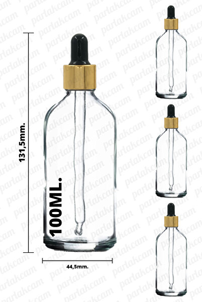 parlakcam 100ml Şeffaf Gold Cam Damlalıklı Şişe 100cc Şeffaf Dropper Şişe 3 Adet