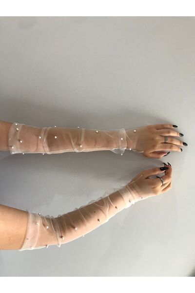 VENÜS MODA by Pınar 1. Mănuși de tul fără degete de calitate - alb catifelat Mărimea M/L, mănuși de nuntă cu perle