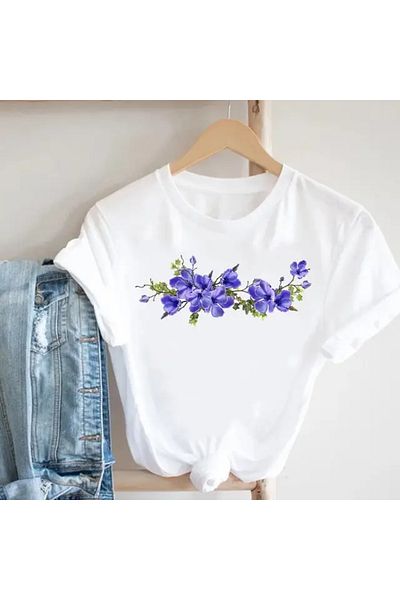 Pink Sky Tricou cu imprimeu de fluture și flori fluture pentru vară