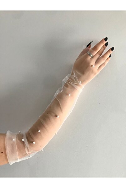 VENÜS MODA by Pınar 1. Mănuși de tul fără degete de calitate - alb catifelat Mărimea M/L, mănuși de nuntă cu perle