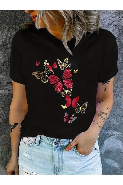 Pink Sky Round Neck Butterfly Printed Short Sleeve T-shirt