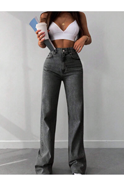 ModaDeniz Σκούρο γκρι Palazzo Loose Leg Super ψηλόμεσο τζιν παντελόνι