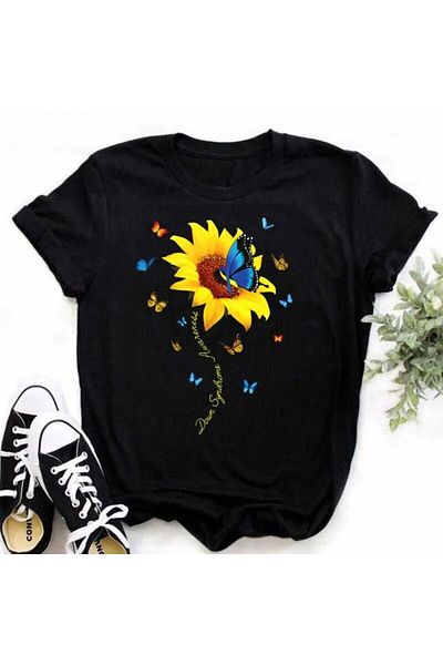 Pink Sky Άνετο μπλουζάκι Kawaii Sunflower με σχέδιο πεταλούδας