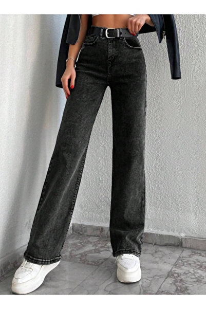 ModaDeniz Black Denim Fabric Anthracite Gray High Waist Loose Palazzo Jeans