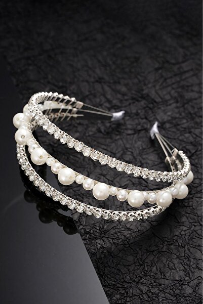 modernist تاج زفاف مخصص - 3 صفوف من اللؤلؤ الفضي وتفاصيل الزركون