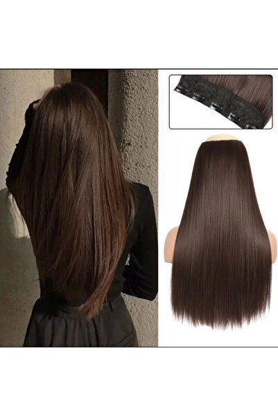 AKOLİFE Kestane Kahve 3 Parça Düz Yarımay Çıt Çıt Saç Postiş Takma Saç - Gerç...