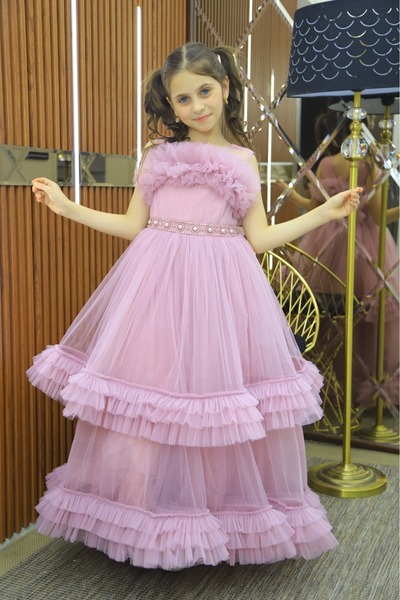 MİSS RAİN Βραδινό φόρεμα για κορίτσια από τούλι βολάν δύο στρώσεων με μακρύ φόρεμα με μαργαριταρένια ζώνη