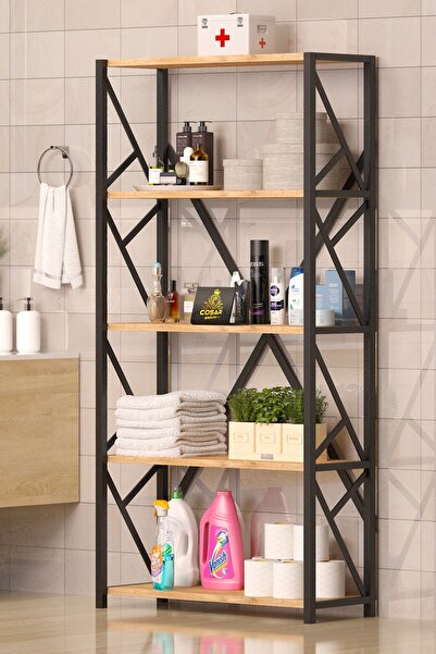 Cosargroup Metal Geniş 5 Raflı Banyo Düzenleyici Raf Deterjan Havlu Rafı Havluluk 160X70 Cm Ceviz (BÜYÜK)