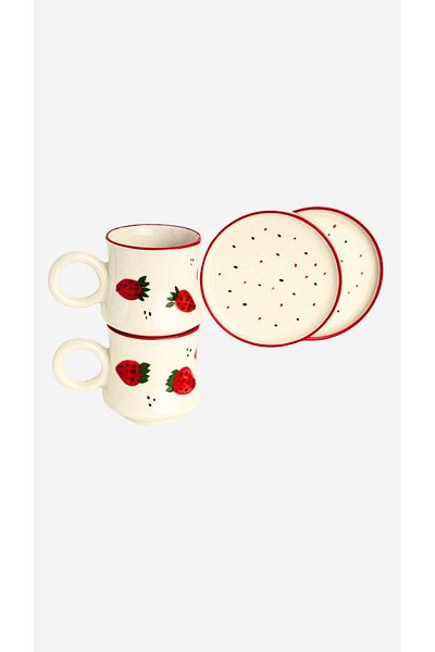 Gezdikçe Bilelim Strawberry Patterned 2-Piece Ceramic Sweater Cup - Brown