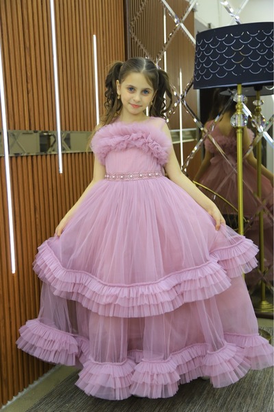 MİSS RAİN Βραδινό φόρεμα για κορίτσια από τούλι βολάν δύο στρώσεων με μακρύ φόρεμα με μαργαριταρένια ζώνη