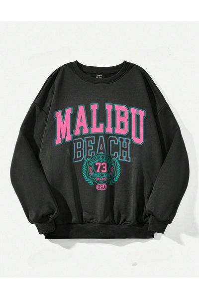 AEMİ Hanorac oversize unisex cu imprimeu MALIBU BEACH - 3 fire, decolteu
