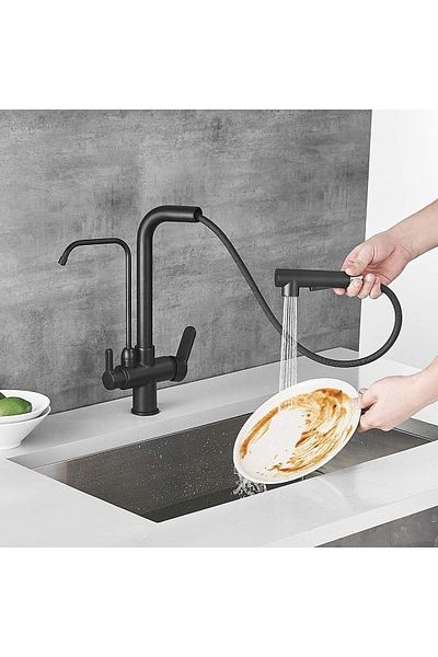 OEM New Design Black Fountain Kitchen Sink Faucet - Dual Flow, Water Purification Outlet, 7 Years Warranty