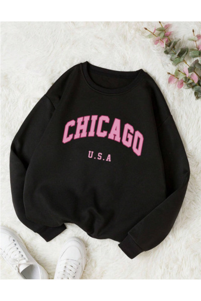 AEMİ Unisex majica Chicago Štampano Oversize kroj crna - 3 niti, okrugli izrez
