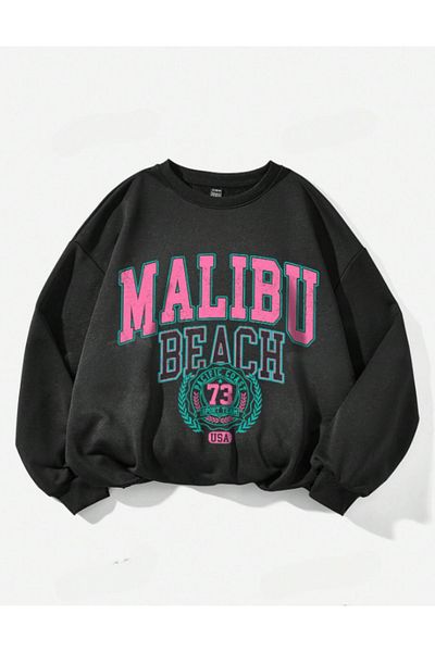 AEMİ Hanorac oversize unisex cu imprimeu MALIBU BEACH - 3 fire, decolteu