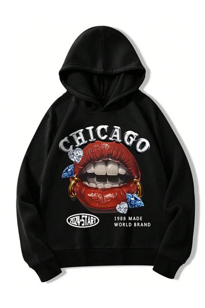 AEMİ Hanorac negru supradimensionat unisex cu glugă - imprimat Chicago