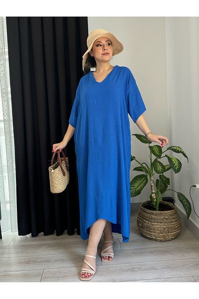 LİKRA Ασύμμετρο βαμβακερό φόρεμα με λαιμόκοψη V - Γυναικείο, Plus Size, Τσέπες
