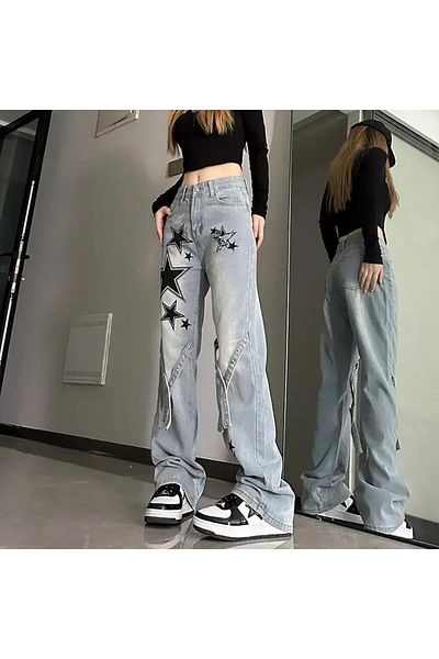 Touz Moda High Waist Star Detailed Wide Leg Boyfriend Pants