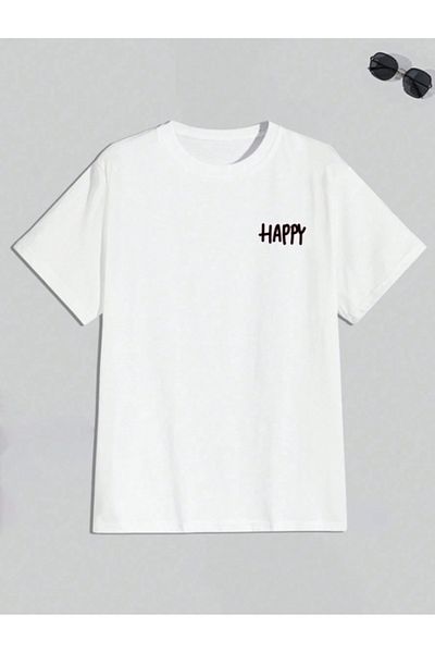 AEMİ Унисекс тениска с качулка Happy Oversize, черна, с щампа на гърба